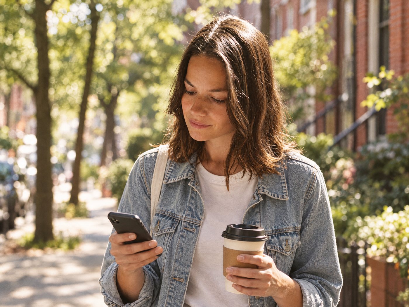 A woman reading a check-in message from her care team on a morning walk