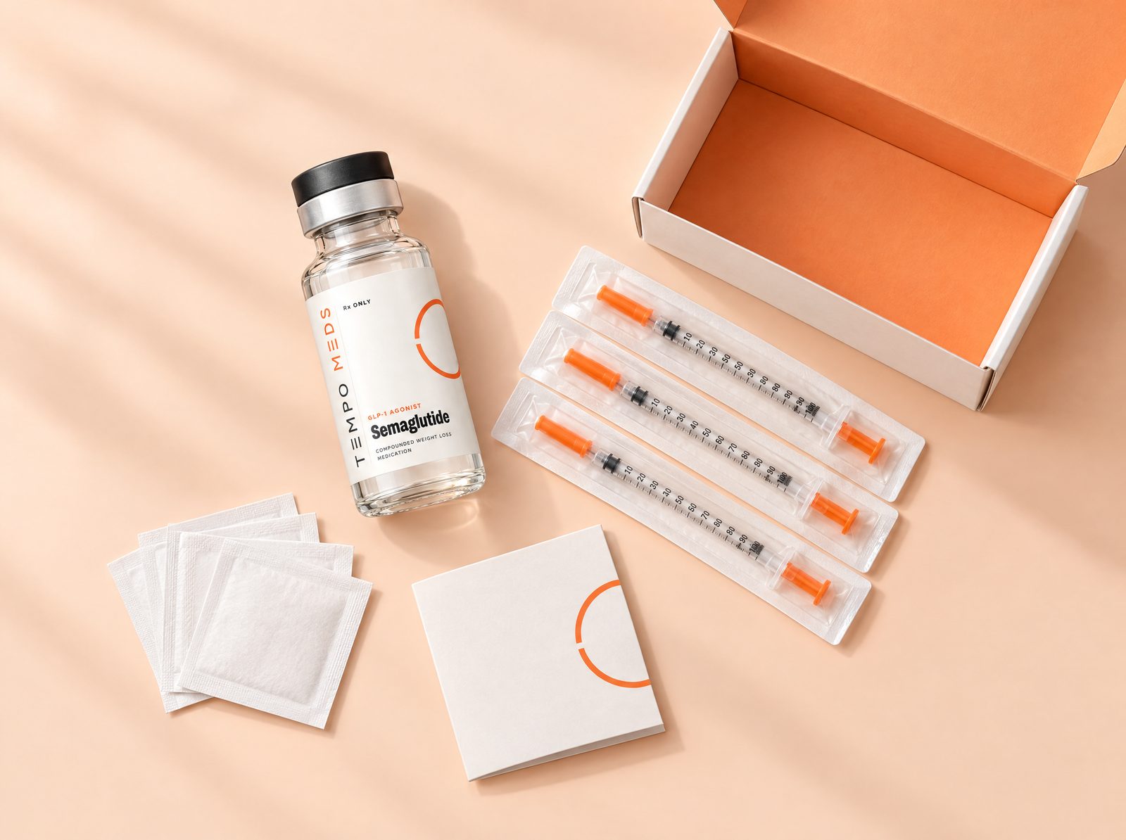 Tempo Meds semaglutide kit: vial, syringes, alcohol pads, dosing card and box
