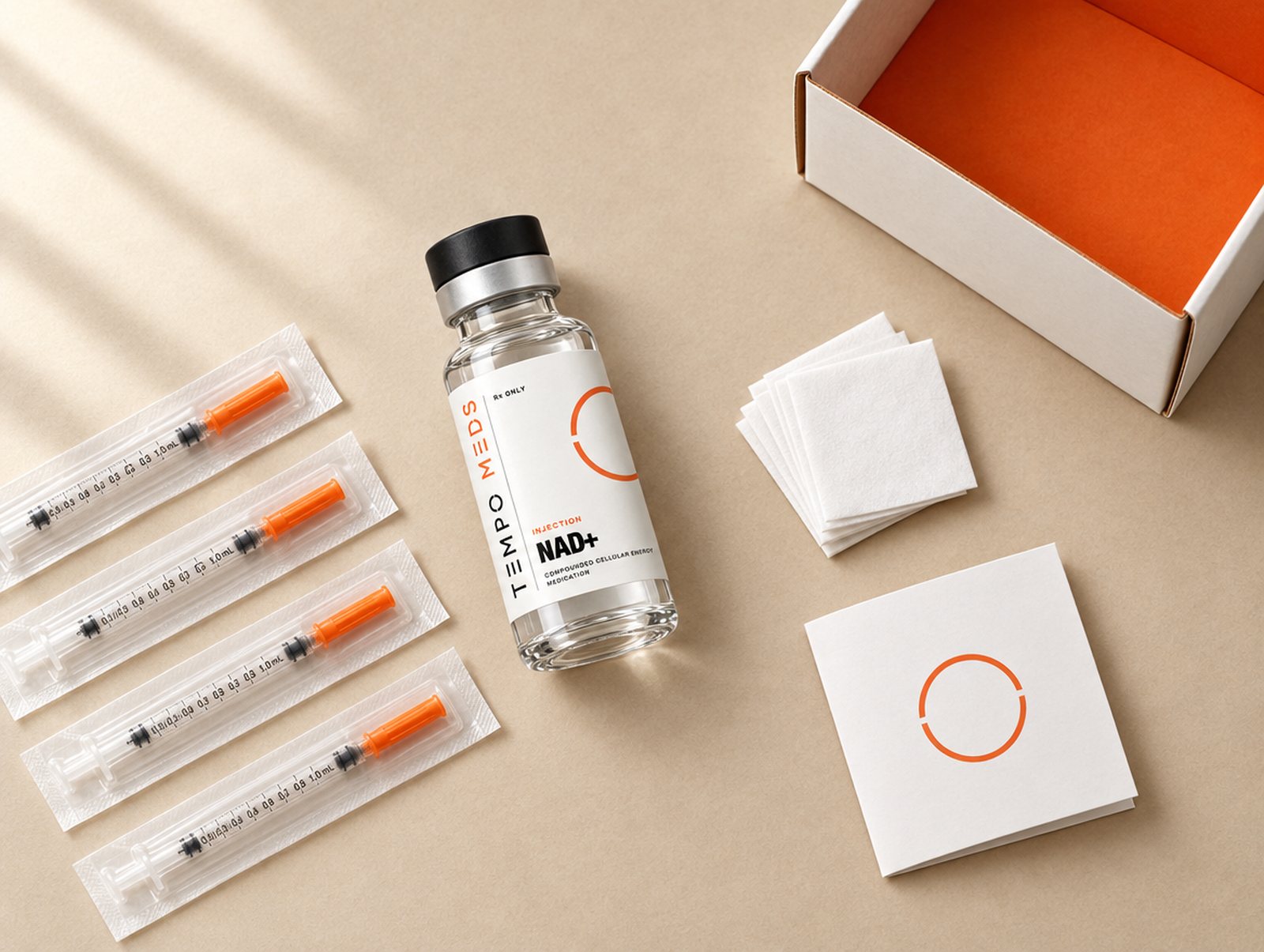 Tempo Meds NAD+ kit: vial, syringes, alcohol pads, dosing card and box